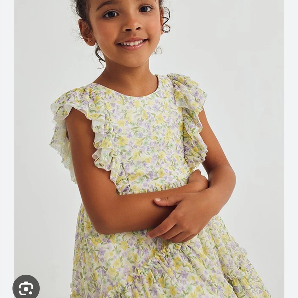 NWOT Abel & Lula Tulle Lavender and Yellow Floral Ruffle Sleeve Dress, size 8T